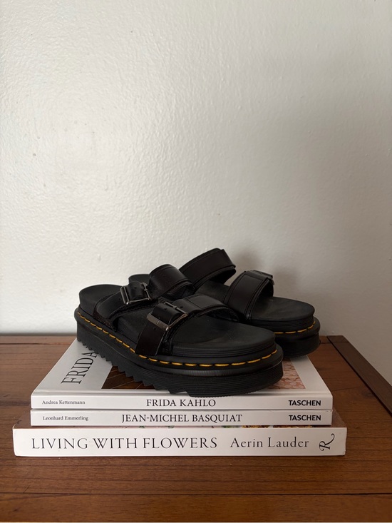 Dr. Martens Shoes - Black Chunky Double-Strap Sandals with Yellow Stitching